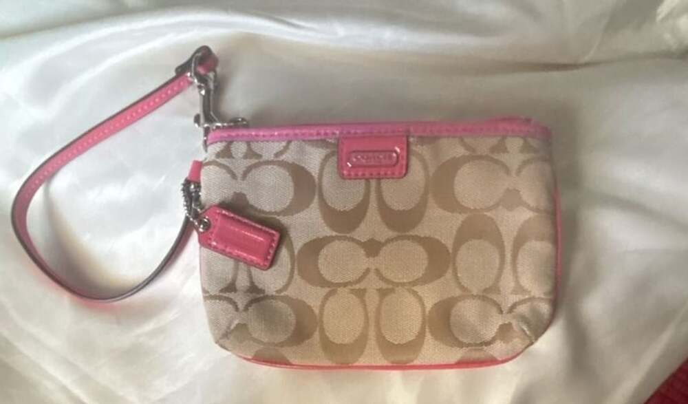 Coach Wristlet 40754 Signature Stripe Signature Change Purse Khaki Pink Leather